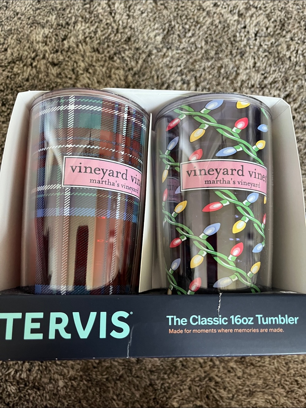 Vineyard Vines Plaid & Holiday Lights 16oz Tervis Tumblers - set of 4!  New!